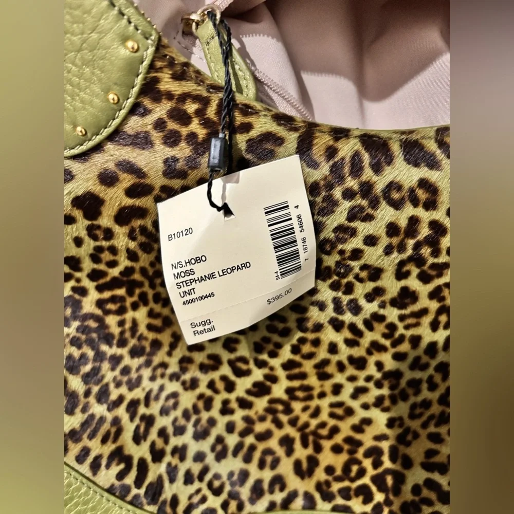Cole Haan Stephanie Leopard Haircalf Hobo Bag Moss Green Leather NWT $395